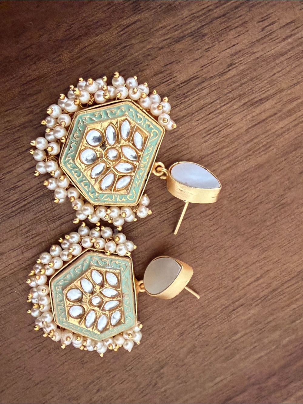 Gold & Mint Kundan Pearl Drop Earrings - Unbranded